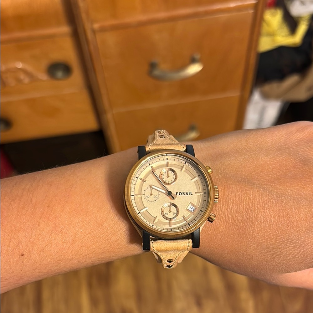 Fossil Tan and Rose Gold Classic Watch with Leather Strap